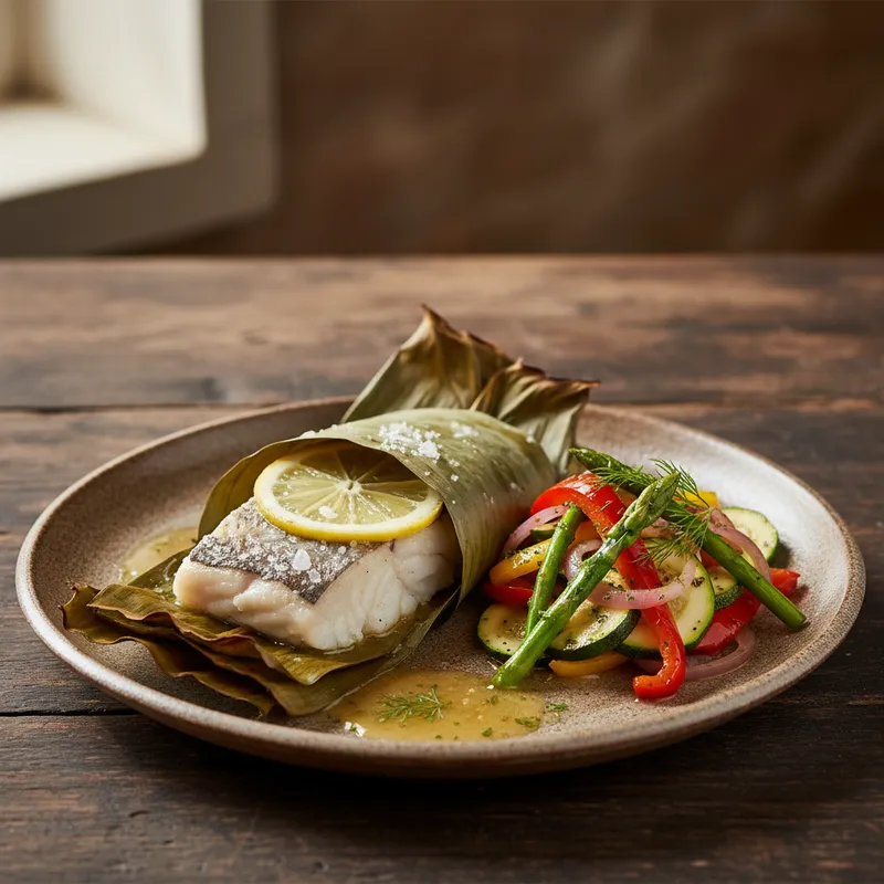 Baked Fish In Banana Leaf And Pan-Fried Vegetables