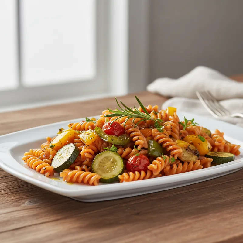 Balsamic Roasted Vegetables With Red Lentil Pasta
