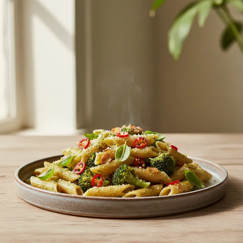 Broccoli Pesto Penne With Chilli And Garlic Sizzle