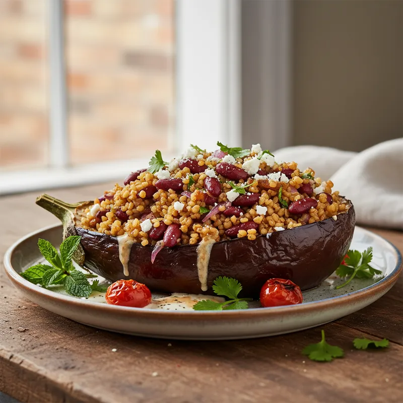Bulgur Wheat And Kidney Beans Stuffed Eggplant