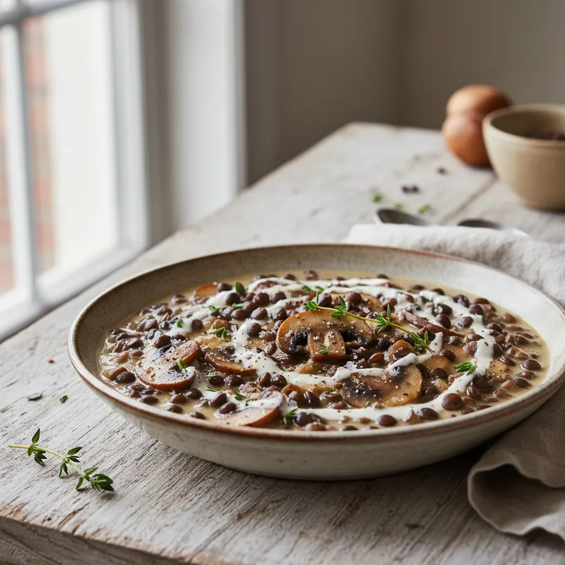 Creamy Mushroom And Black Beluga Lentil Stew