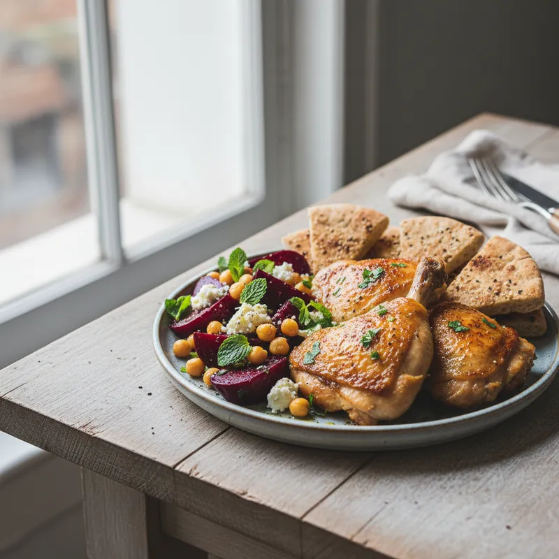 Crispy Roast Chicken Thighs With Beetroot And Chickpea Salad