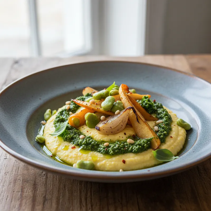 Fresh Corn Polenta With Broad Beans And Kale Pesto