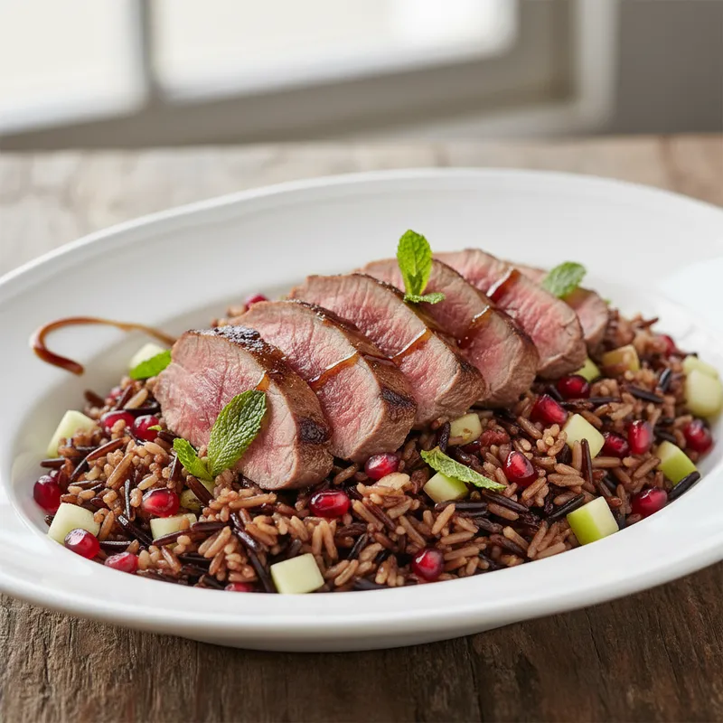 Fruity Rice Salad Topped With Pan Seared Ostrich