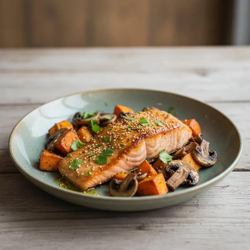 Ginger-Tahini Oven Baked Salmon With Vegetables