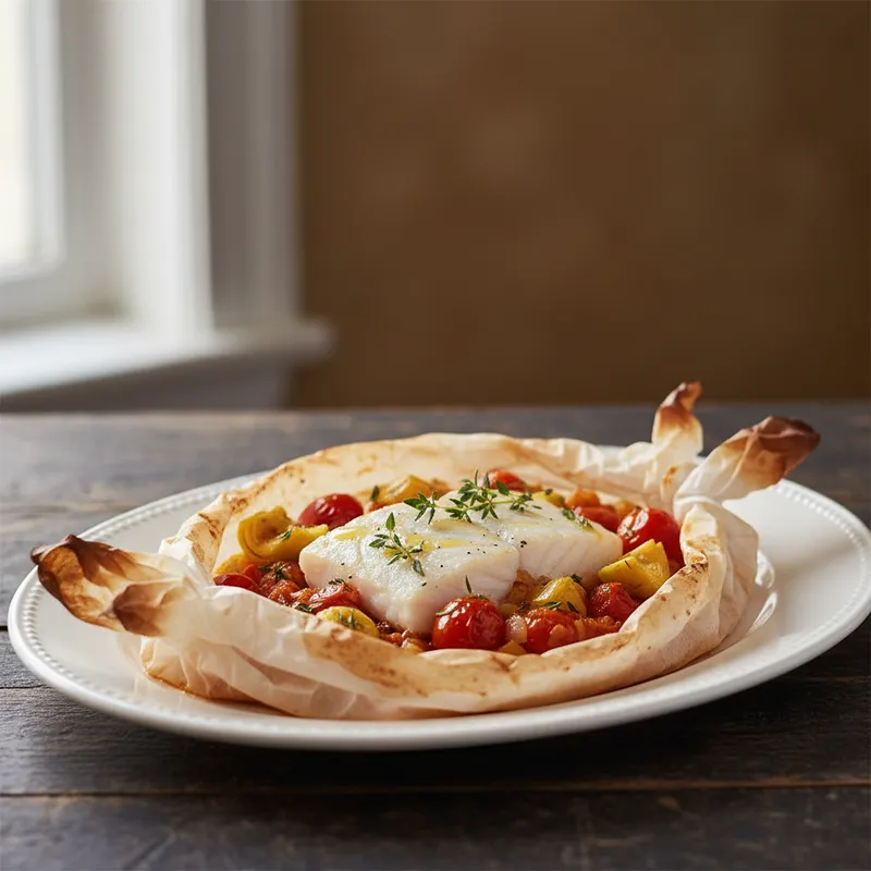 Halibut En Papilote With Roasted Tomato Artichoke Ragout