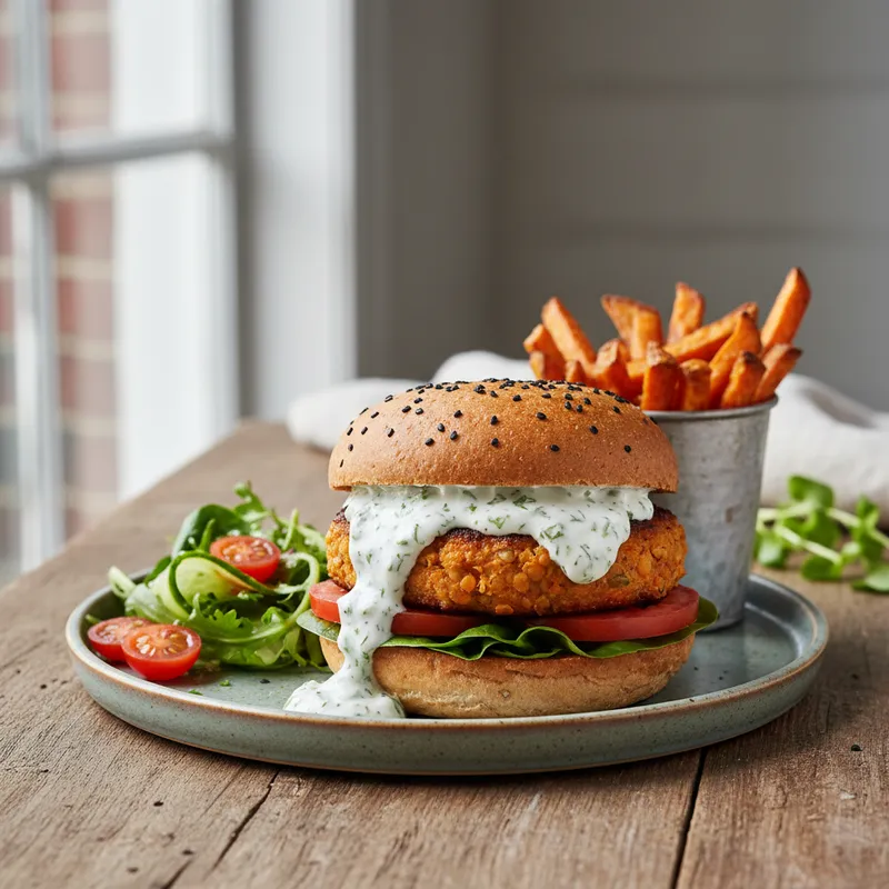 Lentil & Chickpea Burger With Coriander Garlic Cream