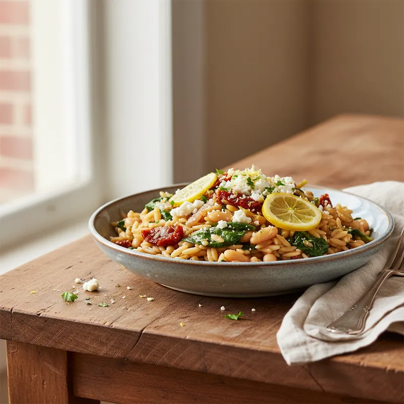 One-Pot White Bean, Spinach & Sun-Dried Tomato Orzo With Lemon & Feta