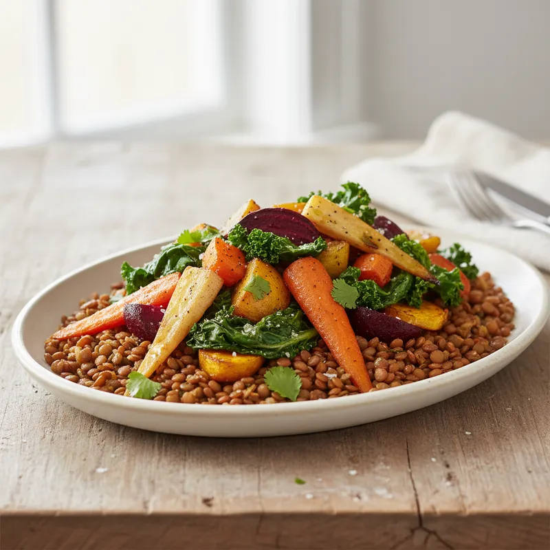 Roasted Root Veggies & Greens Over Spiced Lentils