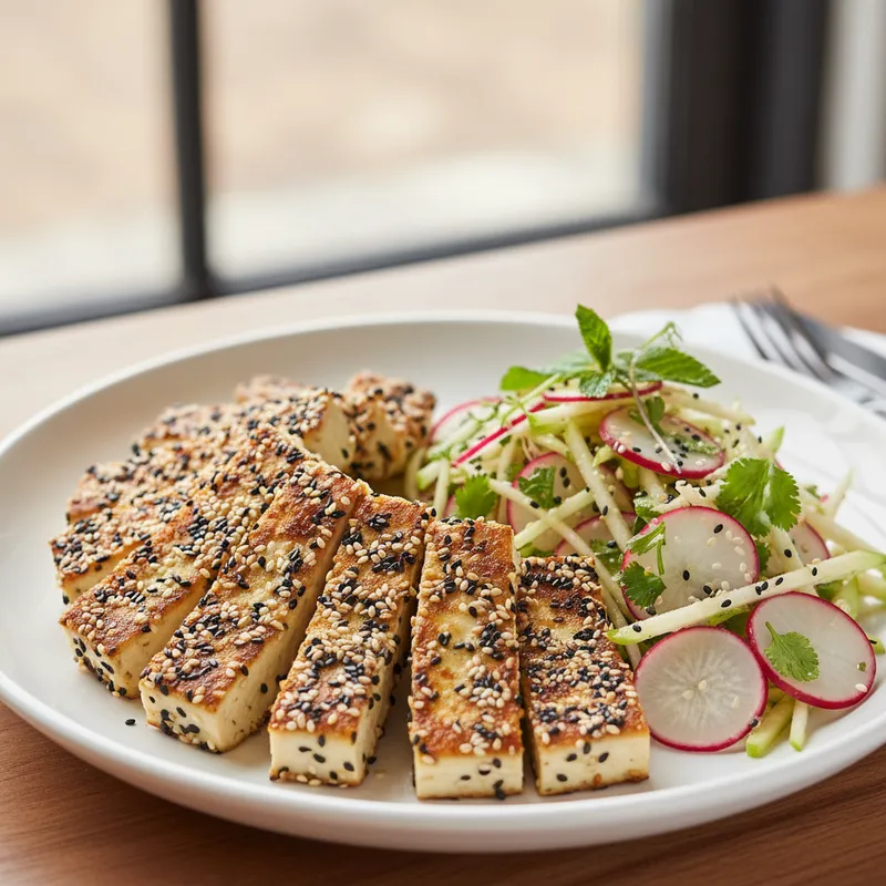 Sesame-Crusted Tofu With Radish-Apple Salad