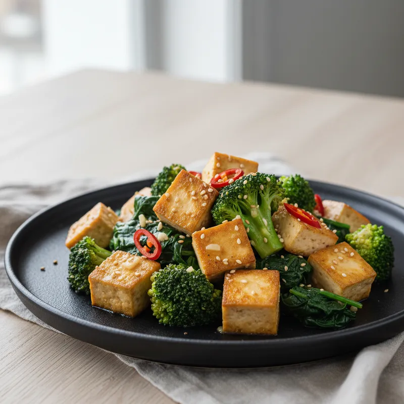 Tofu , Broccoli And Wilted Spinach Stir Fry